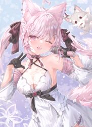  ;d absurdres ahoge animal_ear_fluff animal_ears backlighting bare_shoulders black_bow black_gloves blue_background blush bow breasts canine cleavage commentary_request commission cowboy_shot detached_sleeves dog_ears dog_girl dog_tail dress eyes_visible_through_hair falling_petals felicia_lulufleur female floating_hair floral_background flower gloves grey_dog hair_between_eyes hair_flower hair_ornament hairbow hairclip half_gloves hands_up happy heart heart_ahoge highres holding holding_microphone indie_virtual_youtuber long_hair long_sleeves looking_at_viewer medium_breasts microphone oerba_yun_fang one_eye_closed open_mouth parallel_hairclips petals pink_flower pink_hair red_eyes sidelocks simple_background skeb_commission skin_fang sleeveless sleeveless_dress smile solo tail tsumugi-t twintails very_long_hair virtual_youtuber w white_dress wide_sleeves 