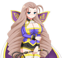  :o absurdres antenna_hair black_collar black_skirt blue_eyes blue_shirt blush breasts cape cat_o'_nine_tails cleavage collar cowboy_shot drill_hair female helltzujih highres holding holding_whip huge_breasts kochou_(senran_kagura) long_hair long_sleeves looking_at_viewer parted_lips purple_cape scoop_neck senran_kagura senran_kagura_new_wave shiny_skin shirt simple_background skirt solo thighhighs two-tone_cape very_long_hair whip white_background white_cape white_thighhighs yellow_cape yellow_trim 