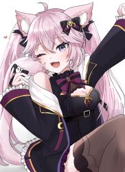  ;3 ahoge animal_ear_fluff animal_ears black_bow black_dress black_jacket black_thighhighs blush bow breasts cat_ears cat_girl cat_tail cleavage commentary dress fangs female hair_between_eyes hairbow heart highres jacket nyatasha_nyanners nyatasha_nyanners_(6th_costume) one_eye_closed open_clothes open_jacket pink_hair pomenomoco purple_eyes simple_background solo tail thighhighs tongue virtual_youtuber vshojo white_background 