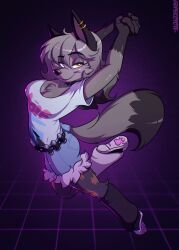  2025 anthro belt blue_eyes bottomwear breasts canid canine canis chest_tuft clothing collar denim denim_bottomwear denim_clothing denim_shorts dipstick_tail epic_games eyebrow_through_hair eyebrows eyelashes female footwear fortnite fur glistening gloves_(marking) grey_body grey_fur grey_hair hair hands_behind_head heterochromia hi_res mammal markings psicoyote shirt shoes shorts solo tail tail_markings topwear translucent translucent_hair tuft wolf wolfie_(fortnite) yellow_eyes 