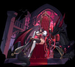  absurdres ass asymmetrical_legwear bare_shoulders black_background black_gloves black_hair black_shoes black_thighhighs blue_eyes breasts cape chinese_commentary cleavage commentary_request dragon elbow_gloves female fur-trimmed_cape fur_trim gem gloves heterochromia highres large_breasts mismatched_legwear multicolored_hair original red_eyes red_gemstone red_hair shoe_dangle shoes simple_background sitting sitting_on_throne solo thighhighs throne two-tone_hair white_thighhighs yue_huang_qing_vassago 