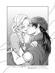  1boy armlet bianca_(dq5) blush bracelet braid breasts cape cleavage cloak closed_eyes collarbone commentary_request couple dated defense_zero dragon_quest dragon_quest_v dress female gradient_background greyscale hand_on_another's_head hand_on_another's_shoulder hero_(dq5) hug jewelry kissing kissing_cheek long_hair low_ponytail medium_breasts monochrome neck_ring open_mouth outside_border ponytail single_braid smile sparkle straight turban upper_body 