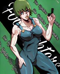  1girls big_breasts blue_eyes female female_focus female_only foo_fighters fully_clothed green_hair jojo&#039;s_bizarre_adventure overalls solo stone_ocean tagme z3husky 