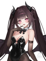  :p alternate_costume bare_shoulders black_bow black_bowtie black_gloves black_leotard black_pantyhose bow bowtie breasts brown_hair collar commentary demon_horns demon_wings detached_collar elbow_gloves facial_mark female foka_(beginner) gloves highres honkai:_star_rail honkai_(series) horns leotard looking_at_viewer medium_breasts pantyhose red_eyes simple_background solo sparkle_(honkai:_star_rail) strapless strapless_leotard symbol_in_eye tongue tongue_out twintails white_background white_collar wings 