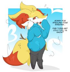  2026 absurd_res ambiguous_anthro ambiguous_gender anthro biped braixen canid clothed clothed_anthro clothing cute_fangs digital_drawing_(artwork) digital_media_(artwork) dipstick_tail emanata english_description eyelashes fangs footwear front_view full-length_portrait generation_6_pokemon guzzlord420 hi_res mammal markings nintendo object_in_tail open_:3 open_mouth oversized_clothing oversized_shirt oversized_topwear pokemon pokemon_(species) portrait shirt simple_background snout socks solo standing stick stick_in_tail sweater tail tail_markings teeth topwear 