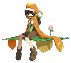  blue_eyes bow brown_hair cape female flower full_body hat highres long_hair looking_at_viewer marguerite_fatima open_mouth orange_hat piko_han simple_background smile solo white_background xenogears 