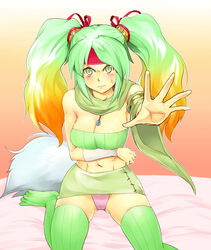  abs anger_vein angry armlet bare_shoulders blush breast_hold breasts commentary_request detached_sleeves duel_monster female fur gradient_background gradient_hair green_eyes green_hair green_skirt hair_ribbon hairband highres long_hair looking_at_viewer medium_breasts midriff miniskirt multicolored_hair nasuka@hiyokko navel no_shoes on_bed orange_background orange_hair outstretched_arm panties pantyshot parted_hair pink_panties red_headwear reeze_whirlwind_of_gusto ribbon scarf single_detached_sleeve sitting skirt solo strapless symbol-shaped_pupils thighhighs tube_top twintails underwear wariza wavy_mouth wide_sleeves yu-gi-oh! 