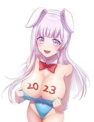  2023 :d absurdres adjusting_clothes adjusting_leotard animal_ears bare_arms bare_shoulders blue_leotard blunt_bangs blush body_writing bow bowtie breasts cameltoe chinese_zodiac cleavage collarbone commentary covered_navel cowboy_shot d4dj detached_collar fake_animal_ears female from_above groin hairband hands_up highleg highleg_leotard highres izumo_saki kzu_(kougami) large_breasts leotard long_hair looking_at_viewer looking_up open_mouth playboy_bunny purple_eyes purple_hair rabbit_ears red_bow red_bowtie simple_background smile solo standing strapless strapless_leotard teeth upper_teeth_only very_long_hair white_background white_hairband wrist_cuffs year_of_the_rabbit 