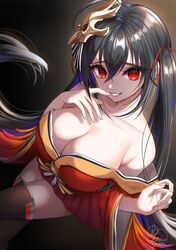  ahoge azur_lane bangs bare_shoulders black_hair blush breasts cleavage collarbone commentary_request crazy_eyes crossed_bangs eyebrows_visible_through_hair female finger_to_mouth grin hair_between_eyes hair_ribbon hakama hakama_short_skirt hakama_skirt hand_up highres japanese_clothes kimono kohanayuki large_breasts long_hair looking_at_viewer mask mask_on_head red_eyes red_kimono ribbon signature skirt smile solo taihou_(azur_lane) thighhighs twintails very_long_hair wide_sleeves 