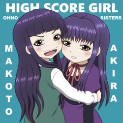  2girls blush character_name choker commentary_request copyright_name high_score_girl hug long_hair long_sleeves multiple_girls onomekaman oono_akira oono_makoto_(high_score_girl) open_mouth purple_hair red_eyes ribbon siblings sisters vest 