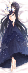  barefoot black_dress black_eyes black_hair blue_ribbon breasts dakimakura_(medium) dress dress_flower ever_17 female highres komachi_tsugumi looking_at_viewer looking_back lying medium_breasts mouth_hold on_stomach pillow pillow_grab ribbon solo takigawa_yuu wedding_dress wrist_ribbon 