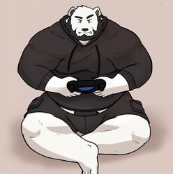  2020 alfredblaze anthro bear beard black_nose bottomwear clothing controller facial_hair fur game_controller gaming hi_res hoodie humanoid_hands male mammal playing_video_game polar_bear shorts simple_background sitting solo topwear ursine white_body white_fur 