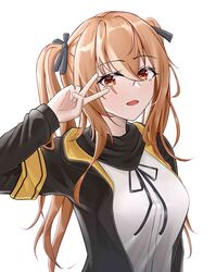  absurdres arm_up bad_id bad_pixiv_id black_jacket black_ribbon black_scarf breasts brown_eyes brown_hair female girls&#039;_frontline hair_ribbon highres jacket long_hair long_sleeves looking_at_viewer medium_breasts neck_ribbon one_smoke open_clothes open_jacket open_mouth ribbon scar scar_across_eye scarf shirt simple_background solo twintails ump9_(girls&#039;_frontline) upper_body v white_background white_shirt 