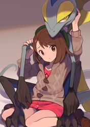  ankle_boots arms_up blush boots brown_eyes brown_footwear brown_hair closed_mouth coat commentary dress female gloria_(pokemon) green_headwear grey_coat hat highres inteleon long_sleeves looking_at_viewer pink_dress pokemon pokemon_(creature) pokemon_swsh short_hair sitting tam_o&#039;_shanter tomioka_jirou wariza yellow_eyes 