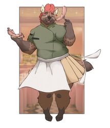  absurd_res angusart anthro apron bear brown_body brown_eyes brown_fur brown_nose chef_uniform clothed clothing flirting flirting_with_viewer food frohawk fur fur_markings hair heart_symbol hi_res hybrid hyena kitchen_utensils looking_at_viewer male mammal markings meat mr.hakkai muscular muscular_anthro muscular_male one_eye_closed plate red_hair sausage shirt solo spots spotted_body spotted_fur tail tail_markings tongue tongue_out tools topwear wink winking_at_viewer 