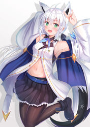  :d ahoge animal_ears ankle_boots armpits arms_up azur_lane belt black_skirt boots braid breasts brown_pantyhose coat cocoasabure commentary_request detached_collar female fox_ears fox_girl fox_shadow_puppet fox_tail green_eyes highres hololive leg_up long_hair looking_at_viewer midriff miniskirt navel off_shoulder open_clothes open_coat open_mouth pantyhose pleated_skirt shirakami_fubuki shirt shoes sidelocks skirt sleeveless sleeveless_shirt small_breasts smile solo stomach tail virtual_youtuber white_coat white_hair white_shirt wide_sleeves 