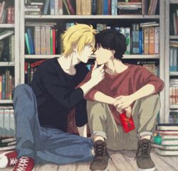  2boys ash_lynx banana_fish black_hair blonde_hair book bookshelf brown_eyes commentary_request denim eye_contact food green_eyes hand_on_another&#039;s_chin jeans looking_at_another male_focus multiple_boys okumura_eiji pants pocky pocky_kiss sawa_nya shared_food shoes sitting sneakers yaoi 