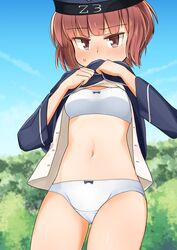  bad_id bad_twitter_id blue_sky bra brown_eyes brown_hair bush clothes_lift cloud commentary_request commission cowboy_shot day dress dress_lift female flashing hat highres inactive_account kantai_collection lifting_own_clothes looking_at_viewer navel outdoors panties sailor_collar sailor_hat short_hair skeb_commission sky solo stomach training_bra underwear white_bra white_panties yotubawatane z3_max_schultz_(kancolle) 