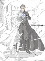  1boy absurdres alternate_language armor blue_eyes boots character_name coat english_text gauntlets gloves greaves grey_hair highres limited_palette male_focus nihei_tsutomu ningyou_no_kuni non-web_source official_art short_hair smoke solo standing suou_nichiko transformation white_armor 