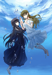  2girls air_bubble akanegasaki_sora anklet barefoot black_dress black_hair blue_background breasts brown_hair bubble cross day dress ever_17 hand_up highres jewelry komachi_tsugumi long_skirt medium_breasts multiple_girls official_art outdoors skirt takigawa_yuu tearing_up underwater white_dress 