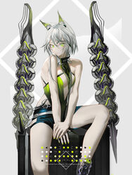  animal_ear_fluff animal_ears arknights bare_legs bare_shoulders black_footwear black_shorts boots breasts cat_ears character_name cleavage closed_mouth commentary english_text feet_out_of_frame green_eyes green_nails grey_background grey_hair highres kal&#039;tsit_(arknights) kal&#039;tsit_(remnant)_(arknights) knee_boots looking_at_viewer mackia medium_breasts nail_polish official_alternate_costume own_hands_together short_hair_with_long_locks short_shorts shorts sitting sleeveless smile two-tone_background white_background 