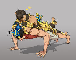  2boys ^^^ ahoge animal_on_head arash_(fate) armlet bare_arms bare_shoulders barefoot black_hair brown_hair chimoon closed_eyes commentary_request covered_eyes dark-skinned_male dark_skin digital_dissolve earrings eighth_note exercising fate/grand_order fate/prototype fate/prototype:_fragments_of_blue_and_silver fate_(series) full_body gauntlets grey_background head_rest jewelry leg_up lying lying_on_person male_focus multiple_boys musical_note on_head on_stomach open_mouth ozymandias_(fate) push-ups red_shirt sandals shadow shirt short_hair simple_background sleeveless smile sphinx_awlad sweatdrop toned toned_male trembling veins white_footwear 