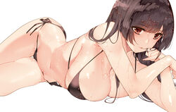  bare_shoulders bikini black_bikini blush breasts brown_eyes brown_hair cleavage commentary female large_breasts long_hair looking_at_viewer lying navel original saburou_(hgmg) simple_background solo swimsuit thighs wet white_background 