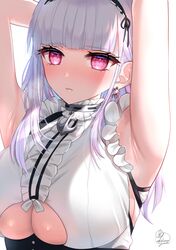  :s absurdres anchor armpits arms_behind_head arms_up azur_lane bangs black_hairband blunt_bangs blush breasts center_frills closed_mouth clothing_cutout commentary_request dido_(azur_lane) earrings eyebrows_visible_through_hair female frilled_shirt frills hairband highres jewelry kohanayuki large_breasts long_hair pink_eyes shirt signature silver_hair simple_background skindentation sleeveless sleeveless_shirt solo underboob underboob_cutout upper_body white_background white_shirt 