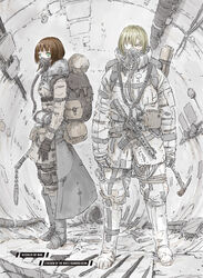  1boy absurdres alternate_language backpack bag blonde_hair boots brown_hair cable character_name coat english_text etherow eyepatch female gas_mask gloves green_eyes gun highres jacket keisha_(ningyou_no_kuni) machinery mask nihei_tsutomu ningyou_no_kuni non-web_source official_art pickaxe rifle short_hair standing tube tunnel weapon 