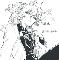  1boy black_pants buttons collared_shirt danganronpa_(series) danganronpa_2:_goodbye_despair formal hair_between_eyes komaeda_nagito looking_at_viewer male_focus messy_hair monochrome official_alternate_costume open_mouth pants ponytail ribbon shirt solo sparkle togi9999 twitter_username upper_body vest wavy_hair white_background white_hair 