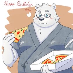  1:1 2022 anthro bear belly big_belly black_nose blush container eyewear food glasses hi_res humanoid_hands jinbei_(clothing) kemono male mammal overweight overweight_male pizza pizza_box pizza_slice polar_bear solo text ursine white_body yaki_atsuage 