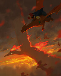  1boy above_clouds alt_text baseball_cap battle bird black_hair charizard cloud commentary devin_elle_kurtz fingerless_gloves fire gloves green_gloves hat highres jacket male_focus moltres outdoors pants pokemon pokemon_(anime) pokemon_(classic_anime) pokemon_(creature) red_headwear riding riding_pokemon satoshi_(pokemon) short_hair short_sleeves 