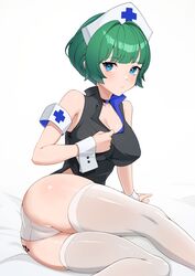  absurdres armband ass bare_shoulders black_choker black_shirt blue_eyes breasts cameltoe choker cleavage closed_mouth covered_nipples ett expressionless female green_hair hat highres large_breasts last_origin looking_at_viewer no_pants nurse_cap panties revision shirt short_hair simple_background sitting skindentation sleeveless sleeveless_shirt solo thighhighs underwear vanilla_a1 white_background white_headwear white_legwear white_panties wrist_cuffs yokozuwari 