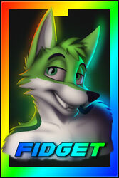  2:3 absurd_res anthro black_eyebrows black_nose blakefox border bust_portrait canid canine character_name eyebrows fidget_the_fox fox fur gradient gradient_text green_body green_eyes green_fur hair hi_res looking_at_viewer male mammal name_badge portrait rainbow rainbow_border rainbow_gradient shaded simple_background smile solo teeth white_body white_fur 