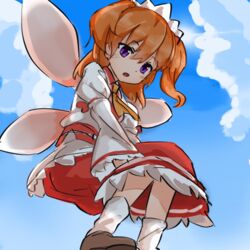  :o ascot bad_id bad_pixiv_id blue_sky brown_footwear cloud day fairy fairy_wings female flying hair_between_eyes headdress highres juliet_sleeves long_sleeves medium_hair nob1109 obi open_mouth orange_ascot orange_hair outdoors puffy_sleeves purple_eyes red_skirt sash shirt shoes skirt sky socks solo sunny_milk touhou two_side_up white_shirt white_socks wings 