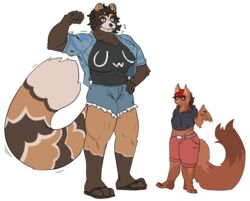  abs absurd_res anthro biceps big_breasts big_muscles big_tail bottomwear breasts brews_(dyed) brown_body brown_fur canid canine ceschi ceschi_(ceschi) clothed clothing digital_media_(artwork) duo female flexing fur gulonine hair hi_res huge_breasts looking_at_viewer mammal marten mtf_crossgender muscular muscular_anthro muscular_female mustelid musteline raccoon_dog rule_63 simple_background size_difference smile standing tail tanuki thick_thighs tight_clothing topwear white_background wide_hips 