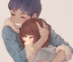  1boy blush brown_hair closed_eyes couple dark-skinned_male dark_skin female fur_trim gloria_(pokemon) grin hand_on_another&#039;s_head hop_(pokemon) jacket pokemon pokemon_swsh short_hair smile straight yuuna_minato 