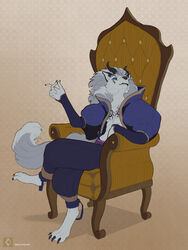  5_fingers amarian anthro biped black_sclera blue_eyes canid canine canis chair clothed clothing digital_media_(artwork) dragon fingers fur furniture hair hi_res horn hybrid male mammal mythological_creature mythological_scalie mythology pattern_background paws scalie simple_background sitting smile solo tail wolf 