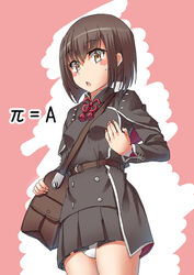  bag belt blush breasts brown_eyes brown_hair cosplay female kantai_collection long_sleeves mayura_(lucadia) neck_ribbon neck_tassel open_mouth panties pantyshot red_ribbon ribbon shinshuu_maru_(kancolle) shinshuu_maru_(kancolle)_(cosplay) short_hair shoulder_bag simple_background skirt small_breasts solo sweat taihou_(kancolle) underwear white_panties 