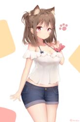  animal_ear_fluff animal_ears breasts brown_hair cat_ears cat_girl cleavage denim denim_shorts earrings expressionless facial_mark female haruka_poi highres jewelry medium_breasts off-shoulder_shirt off_shoulder original pink_eyes shirt short_hair short_sleeves shorts solo white_shirt 