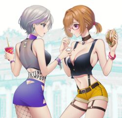  2girls alternate_costume alternate_hairstyle bespectacled breasts brown_hair burger cleavage contender_(girls&#039;_frontline) cup disposable_cup drinking_straw earrings fishnet_pantyhose fishnets food girls&#039;_frontline glasses grey_hair grizzly_mkv_(girls&#039;_frontline) grizzly_mkv_(weekend_cop)_(girls&#039;_frontline) jewelry miniskirt multiple_girls official_alternate_costume pantyhose sauce short_hair shorts skirt soda triangle_cutout urano_ura 