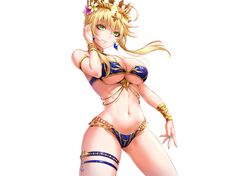  artoria_pendragon_(lancer) blonde_hair fate/grand_order fate_(series) flowers green_eyes navel photoshop sakiyamama short_hair white 