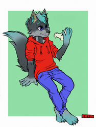  2020 anthro blue_bottomwear blue_clothing blue_eyes blue_pants bone bottomwear canid canine canis clothed clothing digital_media_(artwork) full-length_portrait fully_clothed fur hair holding_object inks inner_ear_fluff jacket looking_at_object male mammal multicolored_body multicolored_fur multicolored_hair narcoticdream orange_clothing orange_jacket orange_topwear pants portrait simple_background sitting skull solo topwear tuft watermark wolf 