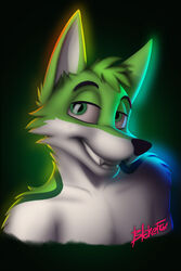  2:3 absurd_res anthro black_eyebrows black_nose blakefox bust_portrait canid canine eyebrows fidget_the_fox fox fur glowing green_body green_eyes green_fox green_fur hair hi_res lgbt_pride looking_at_viewer male mammal name_badge portrait pride_colors rainbow rainbow_pride_colors shaded signature simple_background smile solo teeth white_body white_fur 