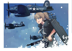  aircraft airplane backpack bag black_shirt blue_eyes bolt_action border brown_hair commentary_request cowboy_shot f4u_corsair fairy_(kancolle) female flight_deck grey_neckerchief grey_skirt gun intrepid_(kancolle) kantai_collection m1903_springfield machinery neck_pillow neckerchief ponytail rifle shirt short_hair skirt timmyyen vehicle_focus weapon white_border 