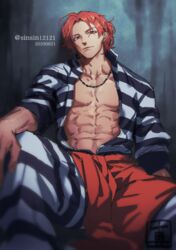  1boy abs against_wall closed_mouth dated luchino_gregoretti lucky_dog_1 male_focus muscular muscular_male open_clothes open_shirt prison_clothes red_eyes red_hair shin_(sinsin12121) signature sitting solo striped_clothes twitter_username 