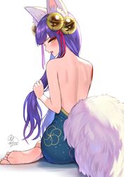  animal_ears back bangs bare_back bare_shoulders barefoot bell blunt_bangs commentary_request daji_(monster_strike) feet female fox_ears fox_tail from_behind hair_bell hair_ornament hair_ribbon highres kohanayuki long_hair looking_at_viewer looking_back monster_strike open_mouth purple_hair red_ribbon ribbon signature simple_background sitting soles solo tail white_background yellow_eyes 