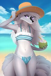  anthro beach beverage bikini bottomwear bow_(feature) breasts canid canine cheek_tuft chest_tuft claws clothed clothing coconut coconut_drink container detailed_background digital_media_(artwork) drinking drinking_straw drupe_(fruit) facial_tuft female fingers flower food fox fruit fur grey_body grey_fur hair hat headgear headwear hi_res holding_object kate_kitsune_(lunarbloodwolf) long_hair mammal midriff multi_tail multicolored_hair navel outside plant purple_eyes rednroge ribbons sand seaside sky solo straw_(disambiguation) swimwear tail topwear tuft two_tone_hair water white_body white_fur white_hair yellow_straw 