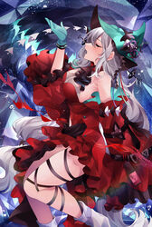  absurdres aqua_gloves aqua_hat arknights ascot black_ascot breasts cleavage closed_eyes clothing_cutout detached_sleeves dress female gloves grey_hair hat highres infection_monitor_(arknights) large_breasts leg_ribbon long_hair music navel_cutout official_alternate_costume open_mouth pointy_hat red_dress ribbon short_dress singing skadi_(arknights) skadi_the_corrupting_heart_(arknights) solo strapless strapless_dress takumi_mizuki 