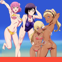  4girls :d aries_spring arm_up armpits ass bad_id bad_pixiv_id barefoot bikini black_hair blonde_hair blue_sky breasts breasts_apart butt_crack commentary covered_nipples dark-skinned_female dark_skin day flat_chest funicia_rafaeli green_eyes hairband heterochromia kanata_no_astra large_breasts leaning_forward long_hair medium_breasts multiple_girls navel one-piece_swimsuit ontaros open_mouth outdoors pink_hair purple_eyes quitterie_rafaeli red_bikini short_hair side-tie_bikini_bottom sky smile standing swimsuit thong_bikini twintails yellow_bikini yellow_eyes yunhua_lu 